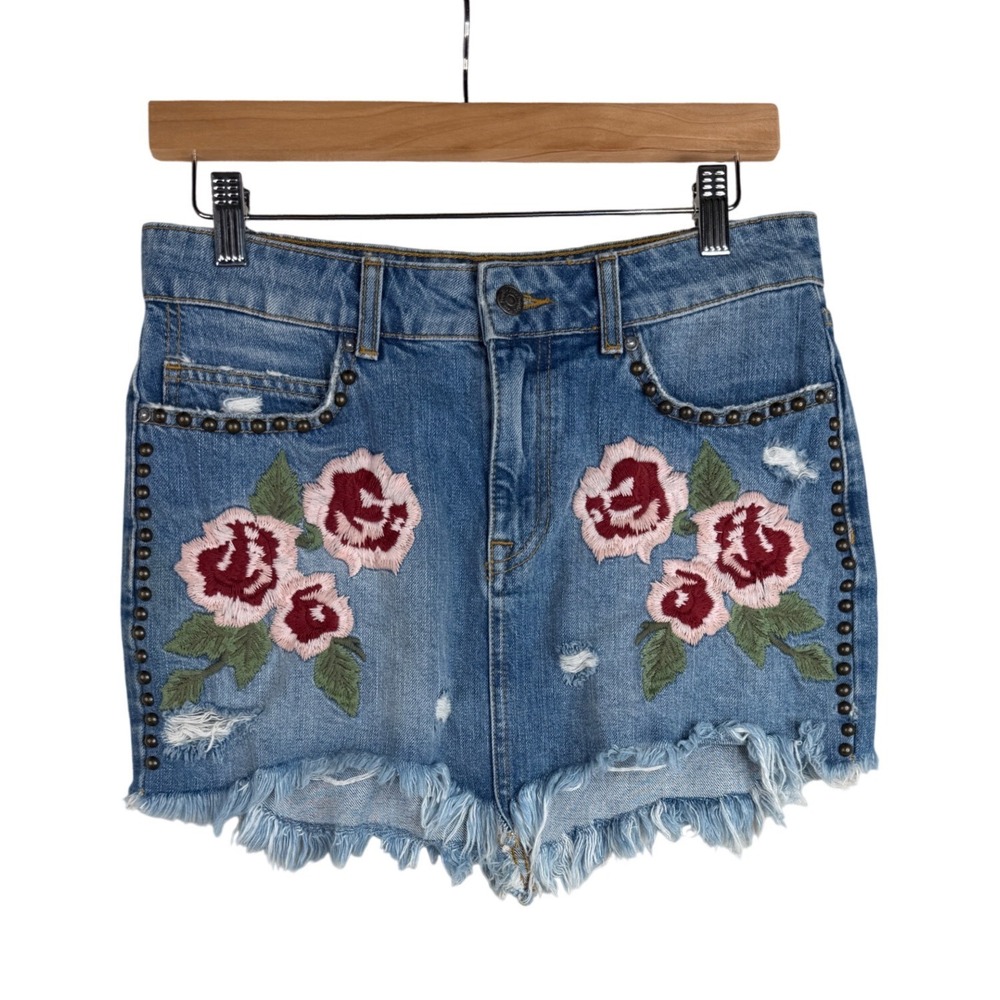 Free People Women's Jeans Skirt Sz 26 Blue Denim Mini Cotton Frayed Embroidered